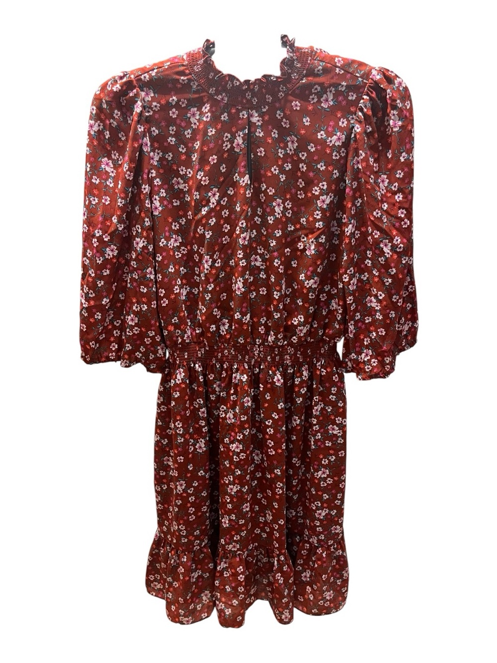 Nanette Lepore Red Floral Midi Dress with Ruffle Neck